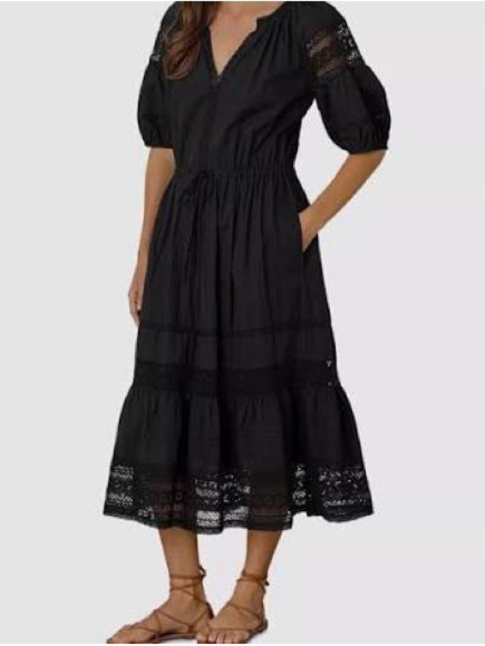 Beautiful Boho Velvet by Graham & Spencer Black Cotton Crochet-Trim Midi Dress
